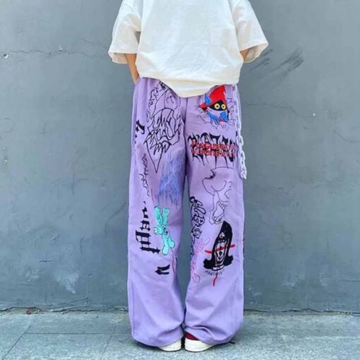 Purple White Pants Print Graffiti Japan - Harajuku