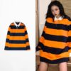 Stripes Beige Orange Shirt Sweater - Harajuku