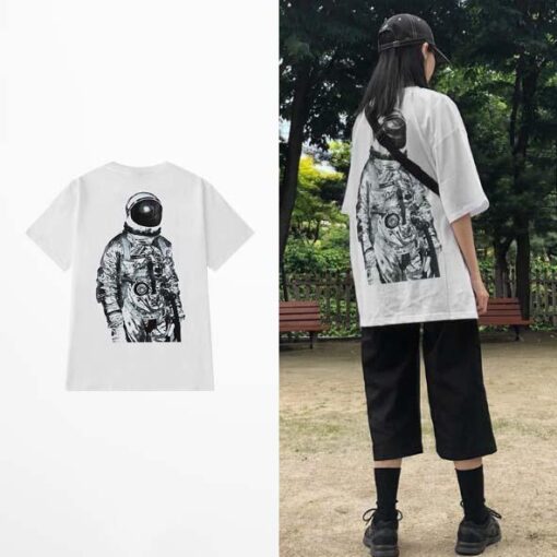 T-shirt White Black Print Cosmonaut - Harajuku
